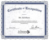 The Nature Conservancy Certificate of Recognition Presented to Mr. Ed Shaw on June 5, 2020
